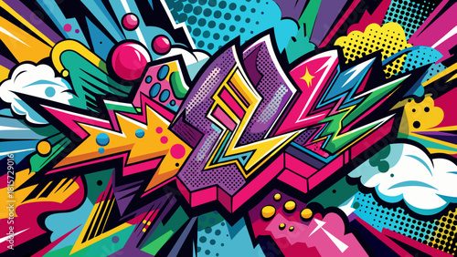 Pop art background on the wall, abstract vector colorful pattern wallpaper, hand-drawn spray paint texture, bold graffiti style, vibrant urban art