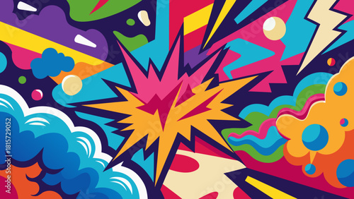 Colorful pop art wall background, abstract vector pattern, spray paint splashes and strokes, expressive hand-drawn street art style