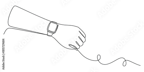 Continuous line art drawing of arm with smartwatch concept.