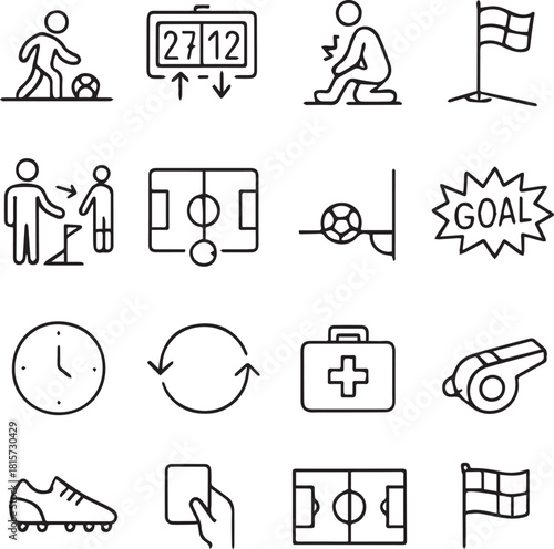 Outline Icon Set of Key Soccer/Football Match Elements and Actions.
