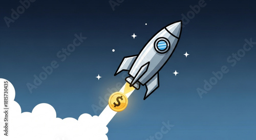 Rocket ship launching with a dollar coin, celebrating business growth, financial success, and innovative ventures, a symbol of startup dreams and investment