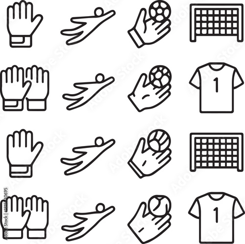 Outline Icon Set for Soccer Goalkeeper Equipment and Actions.