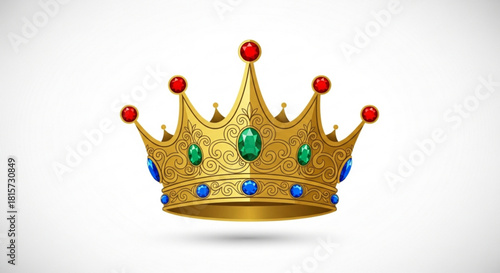 Regal golden crown adorned with vibrant jewels, sparkling with power and prestige, perfect for royalty themes, fantasy designs, and celebratory events