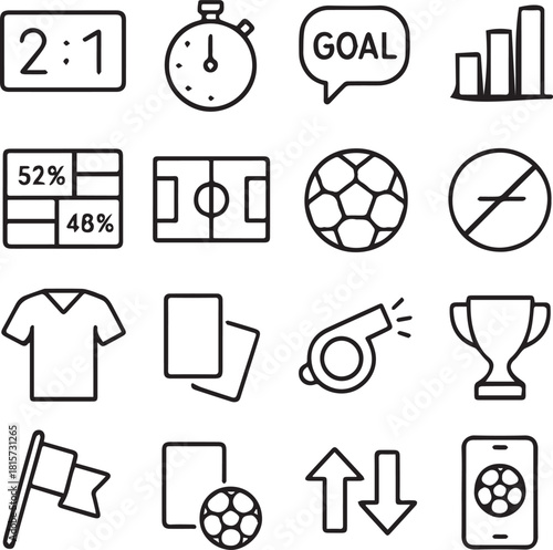 Outline Icon Set of Soccer/Football Stats, Tools, and Scoreboard Elements.