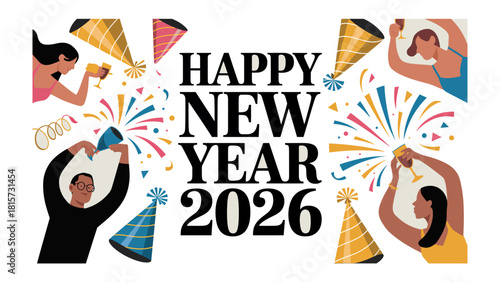 New Year's Eve Celebration: Festive imagery of joyful individuals, confetti, and party accessories set against a celebratory backdrop, embracing the spirit of the upcoming year