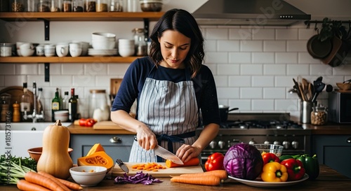 A Person Is Chopping Vegetables On A Cutting Board In A Kitchen With Many Vegetables