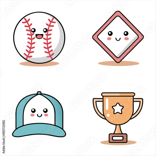Kawaii Baseball and Trophy Icon Set - Cute Sports Achievement Symbols.