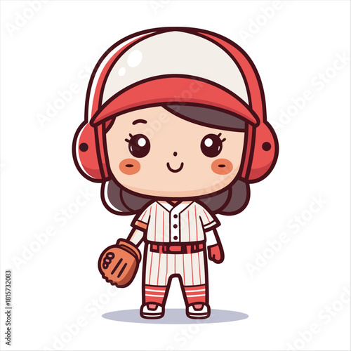 A super cute and charming vector illustration of a young girl or female character dressed in a baseball uniform.