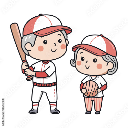 Elderly Couple Playing Baseball Character Illustration.