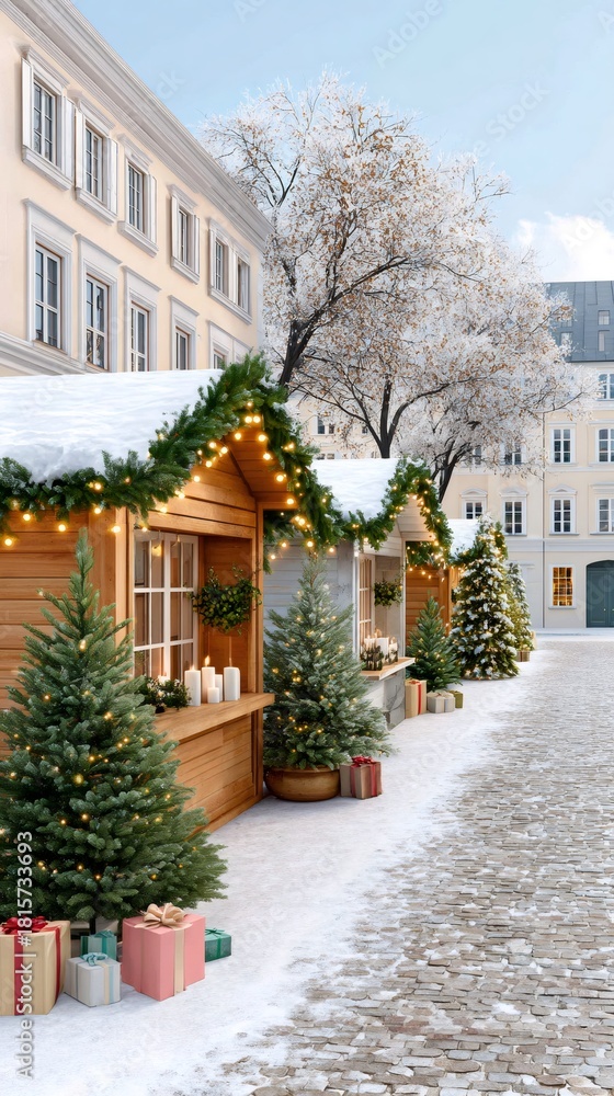 Naklejka premium Christmas market stalls lining a snowy festive town street