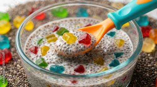 Healthy Chia Seed Pudding with Colorful Gummy Candies and Spoon.