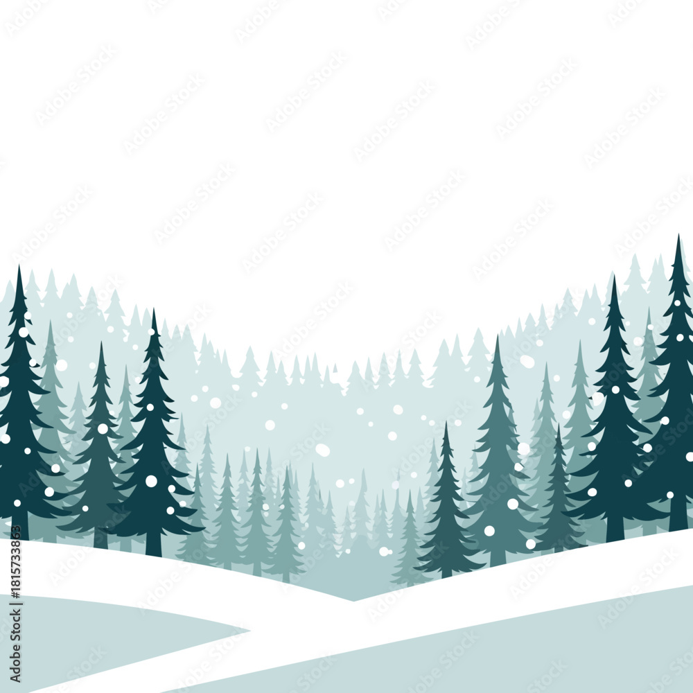 Fototapeta premium A serene winter landscape with a dense forest of snow-covered evergreen trees and falling snowflakes.