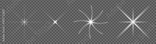 Collection of four distinct white light flares and starburst effects, radiating bright light on a transparent background, perfect for overlays and graphic design elements