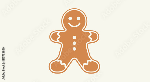 A cheerful gingerbread man cookie with white icing details, smiling on a plain light background, symbolizing holiday baking and sweet treats.
