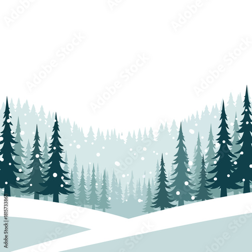 A serene winter landscape with a dense forest of snow-covered evergreen trees and falling snowflakes.