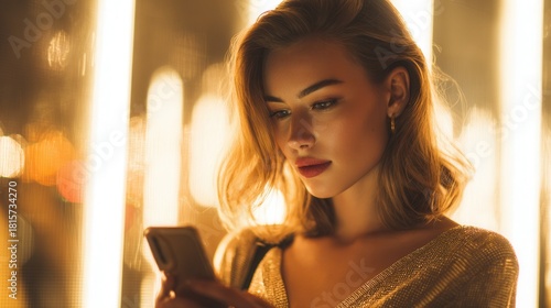 Elegant woman with golden hair illuminated by cool lights, focusing on her smartphone, symbolizing modern lifestyle and digital elegance, soft cinematic glow, refined facial features, stylish 