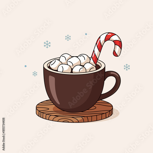 A cozy illustration of hot chocolate with marshmallows and a candy cane on a wooden coaster, surrounded by snowflakes.