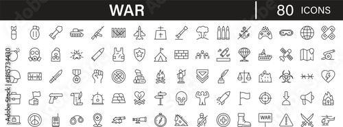 War editable line icons pack. Battle, conflict, army, military, weapon, soldier, combat, attack, defense, strategy, bomb, shield, security and more icons.