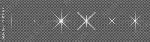 Collection of various light glare effects, including starbursts, lens flares, and sparkling elements, designed for transparent overlay on digital projects and graphic designs