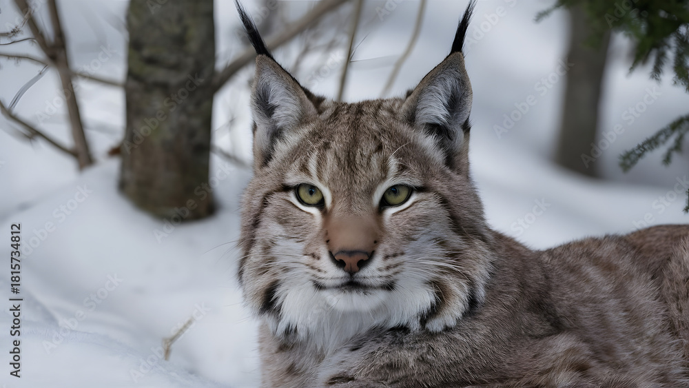 Obraz premium Close up portrait of a wild eurasian lynx with striking eyes in a snowy forest during winter