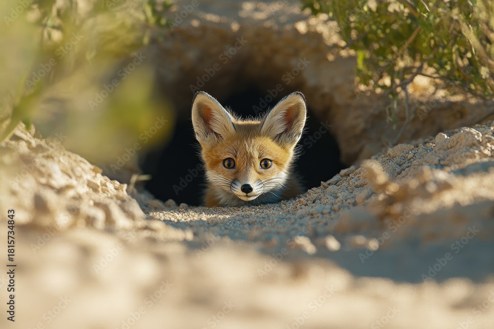 Obraz premium An adorable fox kit with large ears peeks cautiously from its dark burrow, surrounded by sandy earth and sparse desert vegetation.