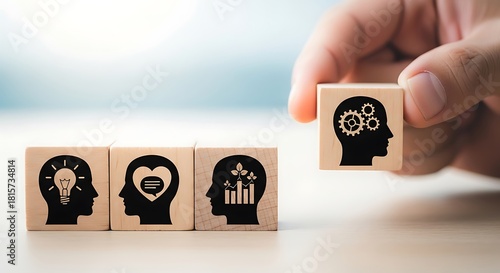 Hand placing wooden block with gear head icon next to blocks showing idea, emotion, and growth in business concept