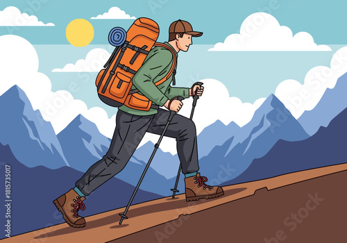 Illustration of a man hiking up a mountain carrying a backpack using trekking poles. Concept for adventure promotion, nature exploration and outdoor activity marketing