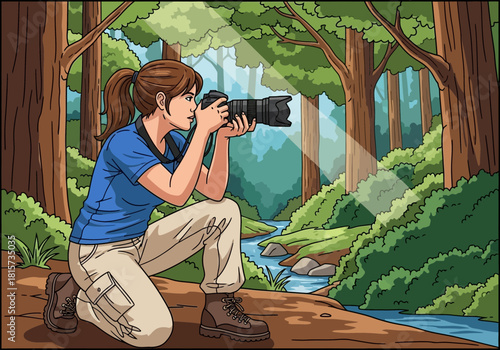 Cartoon illustration of a young woman photographer taking photos in a forest near a stream, concept for travel blog, stock photography and nature conservation