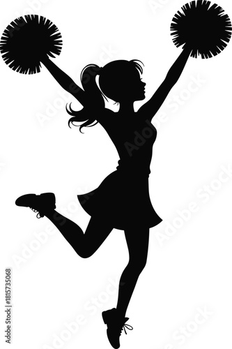 Cheerleader, silhouette, jump, pom-poms, black, white, athletic, energy, motion, vector, illustration, sport, spirit, dance, pose, skirt, ponytail, dynamic, performance, design