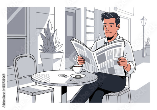 Illustration of a young man reading a newspaper at an outdoor cafe with coffee. Concept for news articles, business updates and advertising campaigns