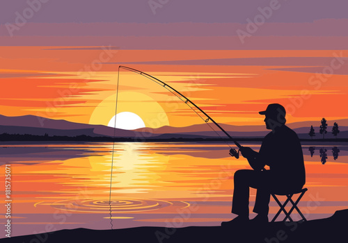 Silhouette of a man fishing on a lake at sunset with mountains in the background. Concept for recreation, relaxation and outdoor activity