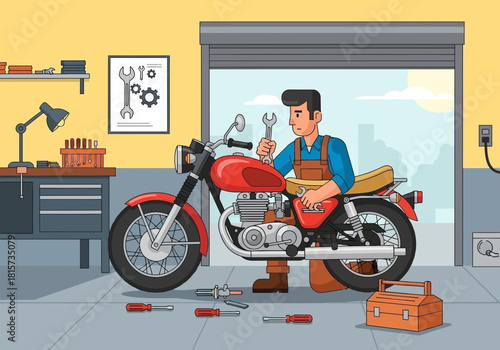 Illustration of a motorcycle mechanic repairing a vintage red motorcycle inside a garage, concept for vehicle maintenance, garage workshop and transportation service