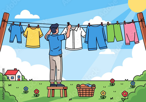 Illustration of a man hanging clothes on a clothesline outdoors on a sunny day. Concept for family chores, housework and lifestyle