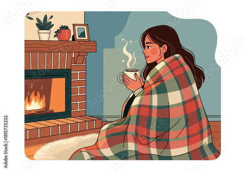 Illustration of a woman wrapped in a blanket holding a mug of coffee near a fireplace. Concept for cozy lifestyle, relaxation and winter holidays