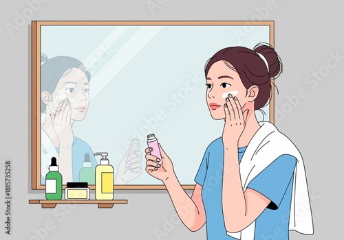 Young woman applying facial cream in front of mirror, skincare routine. Concept for beauty product promotion, skin treatment and cosmetic branding