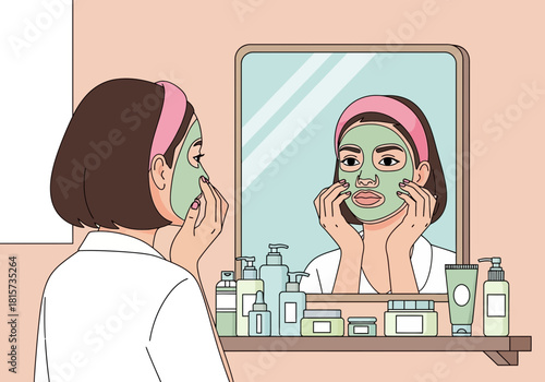 Woman applying green cosmetic mask looking in the mirror with various skincare products, concept for beauty treatment, wellness routine and self-care moment
