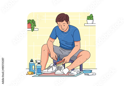 Man sitting and cleaning white sneakers with brush in room with plants and cleaning fluid, concept for home care routine, fashion footwear and diy project