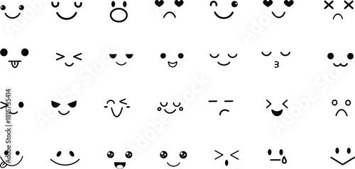 Cute minimal emoji face icon set with various expressions and moods in simple black line style. Perfect kawaii emoticon collection for chat, stickers, UI design, and social media graphics. 