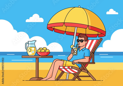 Illustration of a man relaxing on a beach chair, sipping lemonade under umbrella. Concept for summer vacation, travel promotion and recreational activities