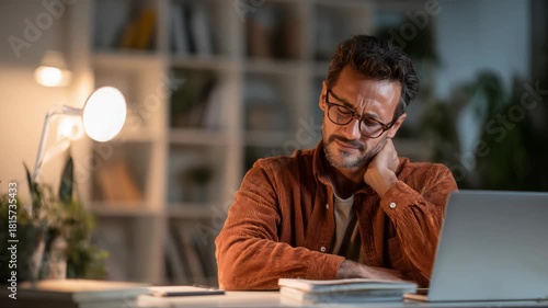 Stressed man feeling neck pain while working on laptop at night