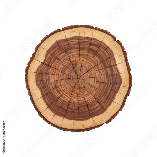 Top-down view of a tree trunk cross-section, showcasing growth rings and bark against a white background.