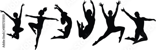 Dancer, silhouette, leap, jump, motion, black, white, athletic, pose, vector, illustration, flexibility, grace, performance, art, design, expressive, airborne, rhythm, dynamic