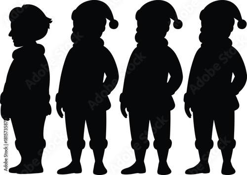Elf, child, silhouette, winter, costume, Christmas, black, character, group, festive, pose, icon, vector, illustration, holiday, outfit, hat, boots, design, comparison