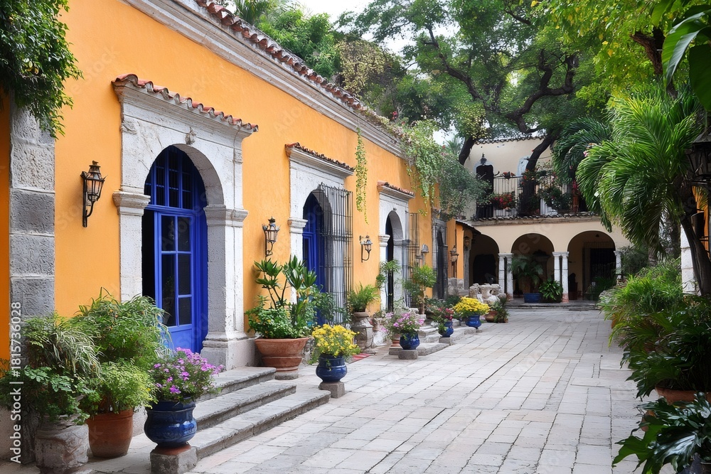 Fototapeta premium Traditional Mexican hacienda courtyard with colonial architecture