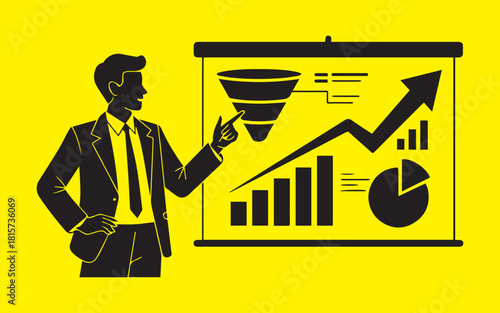 Dynamic business presentation showcasing growth strategy and sales funnel for success with professional speaker highlighting positive trends in modern office