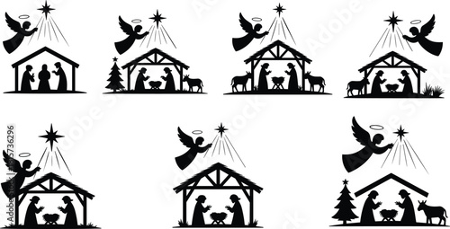 Nativity, silhouette, Christmas, Jesus, birth, holy, scene, black, white, vector, illustration, manger, Mary, Joseph, angel, star, stable, animals, faith, design