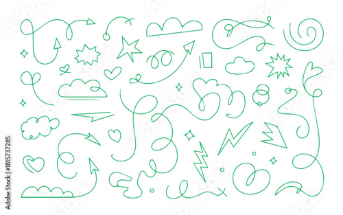 Whimsical hand-drawn doodle elements in fresh green for playful designs and creative projects that need a touch of joyful spontaneity and charm