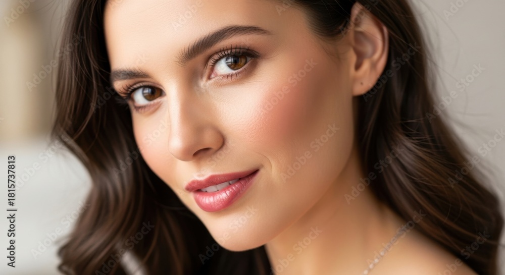 Fototapeta premium Close-up portrait of a smiling young woman with smooth skin and wavy