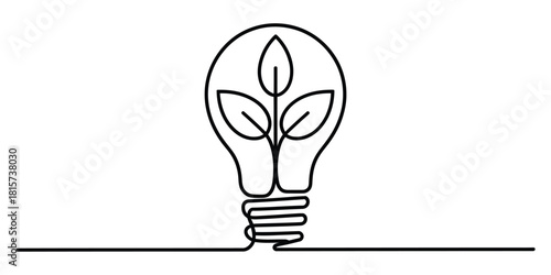 Continuous line drawing of light bulb with plant leaves inside