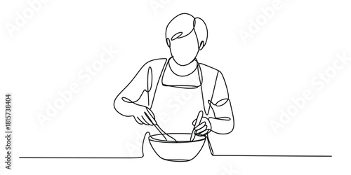 Single line art of person stirring ingredients in kitchen bowl